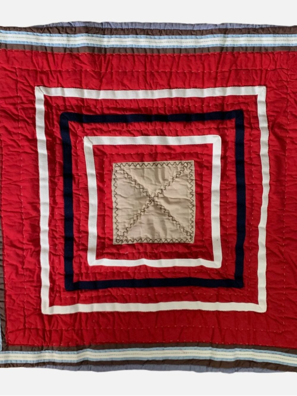 Pottery Barn Kids PBK Junior Varsity Quilted Euro Pillow Sham Red Tan White Blue - Picture 3 of 4